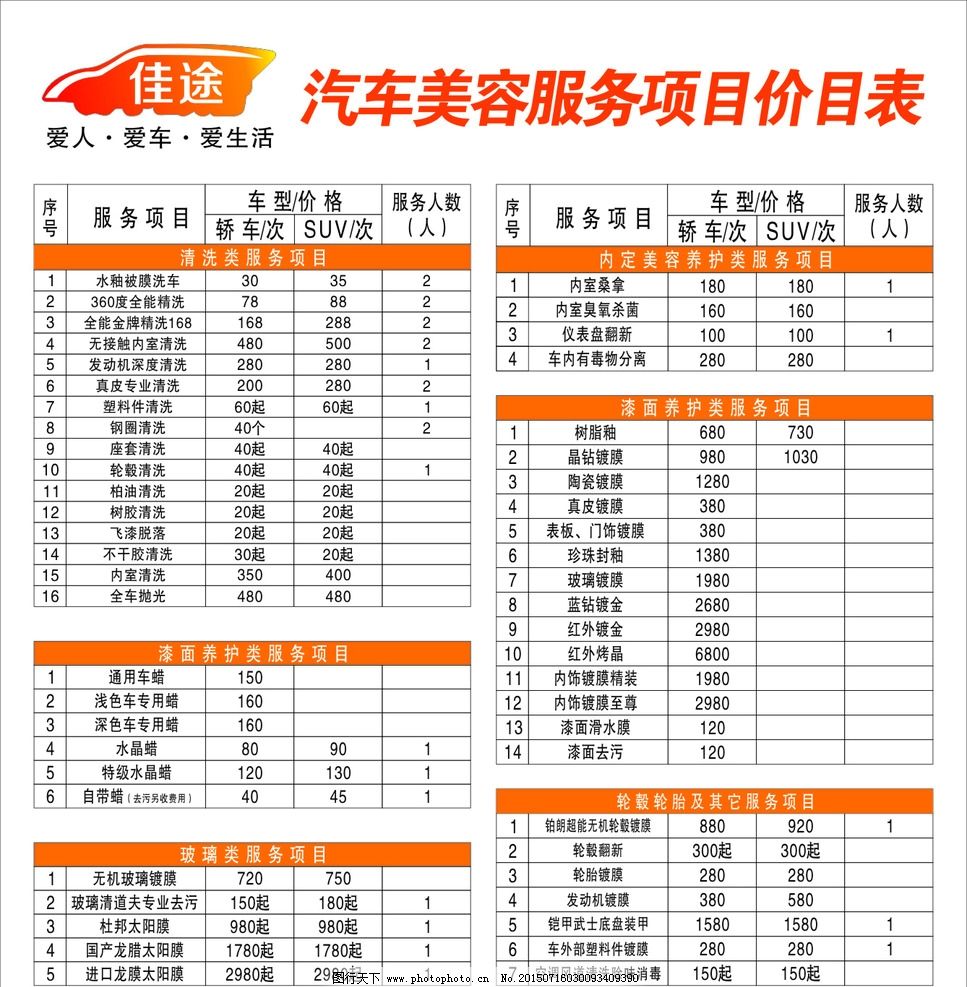 汽车美容服务项目价目表图片